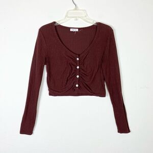 Stitch & Pine Red Brown Long Sleeve Button Up Crop Top